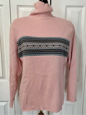 Venezia Pink Ribbed Turtleneck Sweater with Fair Isle Panel